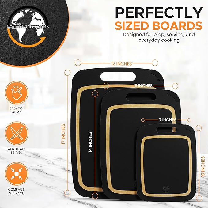 Composite Wood Cutting Board Set of 3 – Built In Juice Groove, Dishwasher Safe, Non-Toxic & Cutting Boards for Kitchen – Large, Medium & Small Non-Slip Wood Charcuterie & Chopping Boards (Black/Tan)