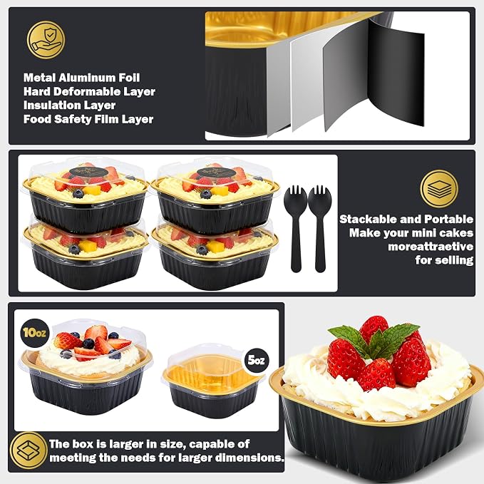 100 Pack 10oz Mini Cake Pans With Lids, Aluminum Foil Square Brownie Baking Cups,Disposable 4”x4” Large Cupcake Pan,Jumbo Muffin Tin Ramekins Holders-Black in Gold