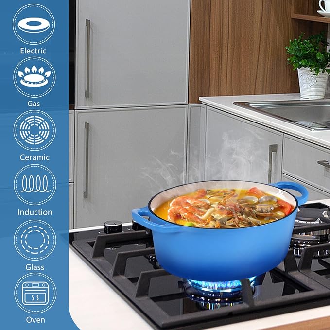 P&P CHEF Oval Dutch Oven with Lid, Enameled Cast Dutch Oven Pot for Bread Baking, Braising, Stewing, Roasting, Non-Stick & Oven Safe, Dual Handles & Easy Clean, 5QT & Blue, Valentine's Day