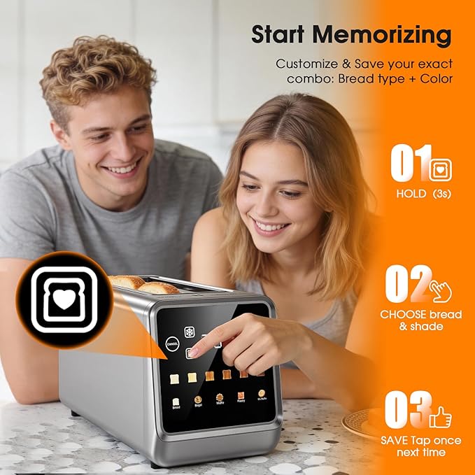 4 Slice Long Slot Toaster with Digital Touchscreen, 6 Shade Settings with Countdown Timer, Wide 1.5" Slots for Thick Bread & Bagels, Defrost, Reheat & Single-Slice Modes for Family Breakfast