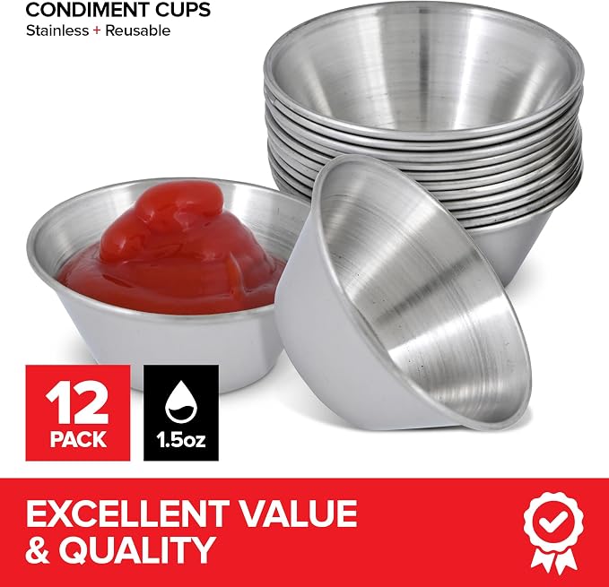 1.5 oz Stainless Steel Condiment Cups (12 Pack), Individual Portion Dipping Sauce Cups, Small Metal Ramekins for Ketchup, Marinara, BBQ Sauce, and More! Reusable Condiment Cups for Restaurants
