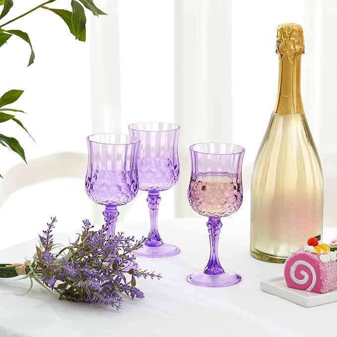 Pinkunn 24 Pcs 7 oz Plastic Vintage Wine Glasses Reusable Colored Goblets Patterned Drinking Water Glasses Cup Dishwasher Safe for Mother's Day Wedding Reception Party Supplies (Purple)