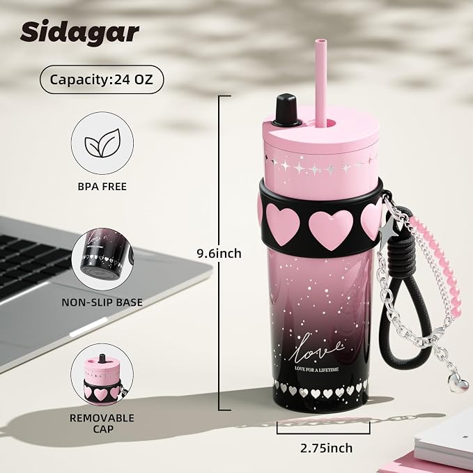 24 oz Stainless Steel Tumbler with Lid and Straw, Insulated Coffee Mug, Leak Proof, Portable Iced Travel Water Bottle, Reusable Thermal Coffee Cup Gift for Women, Pink