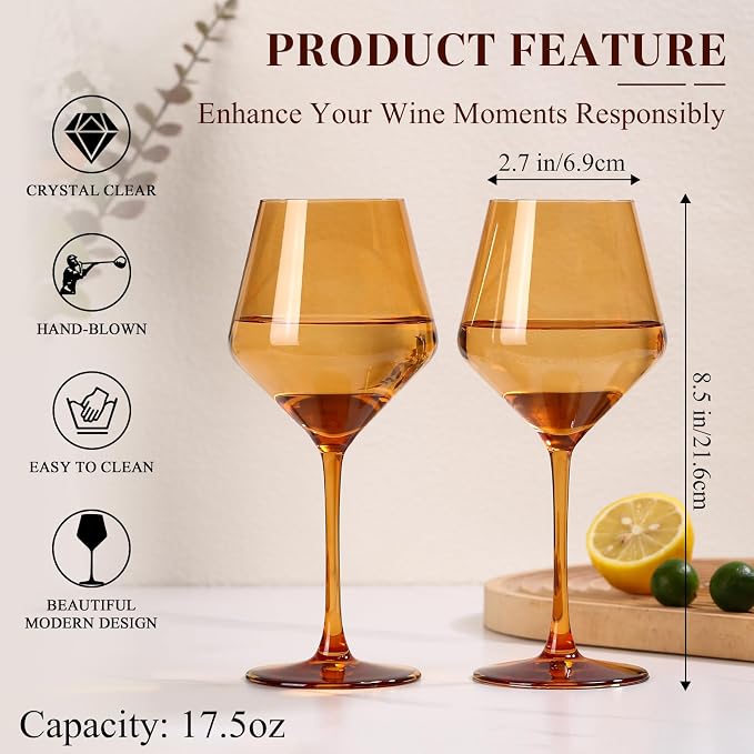 Amber Wine Glasses Set of 6-17.5oz Long Stem Crystal Wine Glasses, Handcrafted Blown Colorful Stemware, Elegant Drinkware Gift for Wedding Housewarming Wine Enthusiasts