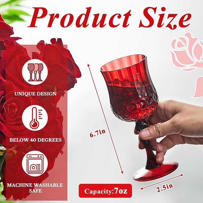 Pinkunn 12 Pcs 7 oz Plastic Vintage Wine Glasses Reusable Colored Goblets Patterned Drinking Water Glasses Cup Dishwasher Safe for Mother's Day Wedding Reception Party Supplies (Red)