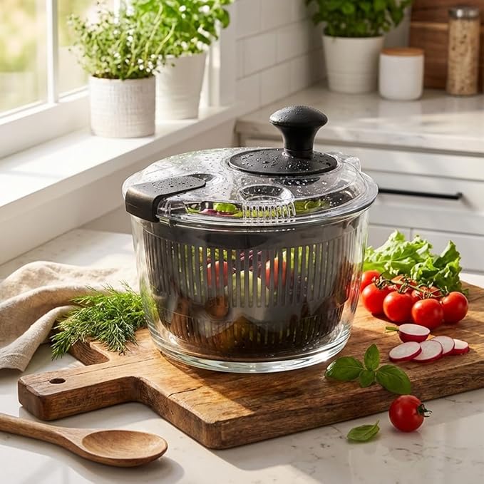 3.2 Qt Glass Salad Spinner, Small Vegetable Dryer with Transparent Lid, Crank Handle Quick Spin Greens Washer for Lettuce, Herbs, Fruits Cleaner, Tosser, Drain, Microwave Safe, Dishwasher Safe
