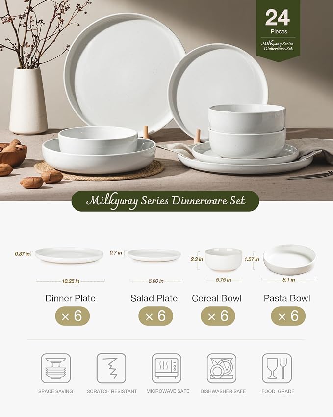Famiware Milkyway Stoneware Dinnerware Sets with Pasta Bowls, Service for 6 (24 Pieces), Plates and Bowls Sets -Scratch Resistant, Microwave and Dishwasher Safe Dishes Set, White