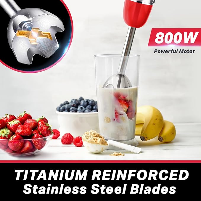 Mueller Multistick 800W 4-in-1 Immersion Blender Handheld, 12 Speed Hand Mixer - Turbo Boost, Heaviest Duty Copper Motor, Titanium Blades Hand Blender, Milk Frother Wand, Whisk, Beaker, Chopper, Red
