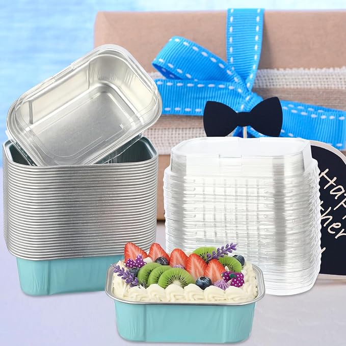 Vesici 100 Sets Mini Loaf Pans with Lids, 5.7 oz Disposable Aluminum Foil Baking Cups, Rectangle Cake Pans for Baking Storage Birthday Party(Powder Blue)