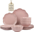 Sango 12 Pieces Scalloped Dinnerware Set, Modern Pink Dishes for 4, Premium Serving Plates & Bowls Sets, Chip Resistant, Blush Ceramic Dishware, Kitchen Dish, Microwave & Dishwasher Safe, Bethany