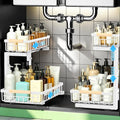 𝐆ee𝐁om Under Sink Organizer, Pull Out Kitchen Storage Cabinet Organizer, 2-Tier Metal Slide Out Shelf for Bathroom Laundry Kitchen Storage with Drawers, 11.8"W x 15.9"D x 13.8-16.9"H, White, 2 Pack