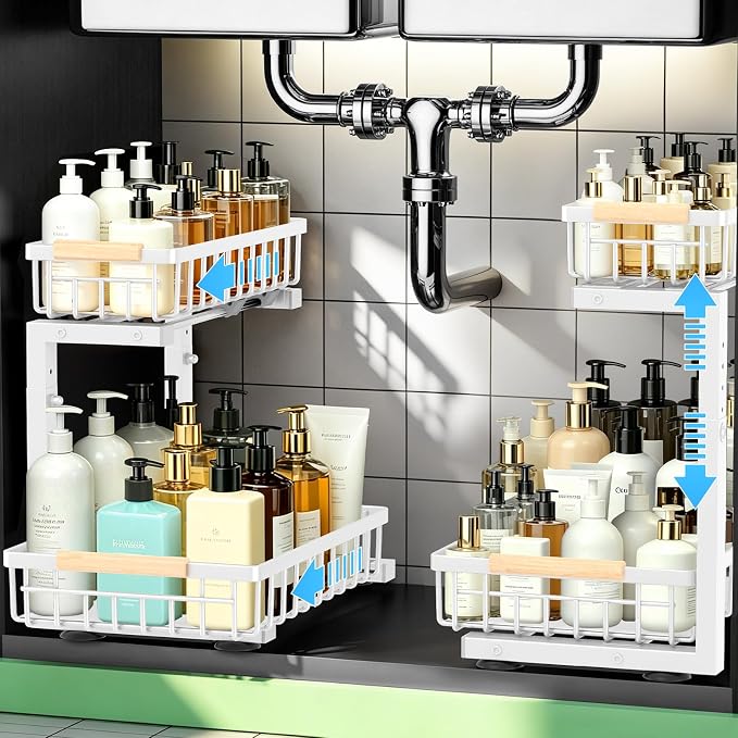 𝐆ee𝐁om Under Sink Organizer, Pull Out Kitchen Storage Cabinet Organizer, 2-Tier Metal Slide Out Shelf for Bathroom Laundry Kitchen Storage with Drawers, 11.8"W x 15.9"D x 13.8-16.9"H, White, 2 Pack