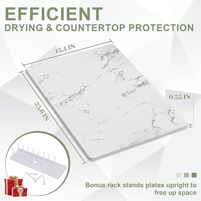 Large Stone Drying Mat for Kitchen Counter, 24" × 16" Diatomite Dish Drying Mat, Ultra Absorbent Diatomaceous Earth Dry Stone Mats with Dish Rack for Dished, Bottles, White Marble