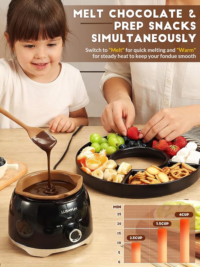LUSHYUM Electric Chocolate Fondue Set, 4-Cup Chocolate, Rotating Tray | Melt & Warm Modes, Dual Silicone Inserts, 6 Color-Coded Forks, Easy-Clean, Ideal for Candy Melts, Couple Family, Date Night