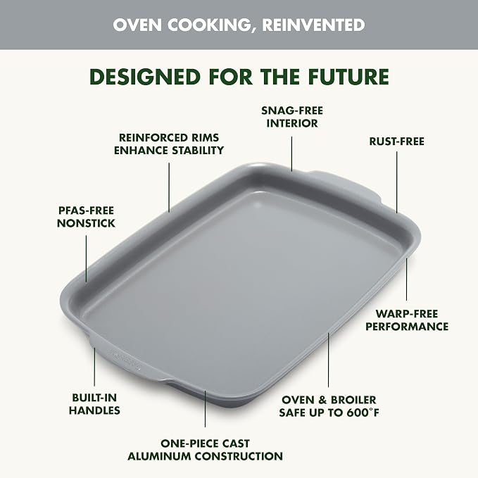 GreenPan Premiere Ovenware Healthy Ceramic Nonstick 13" x 9" Quarter Sheet Baking Pan, PFAS-Free, Warp-Free Bakeware, Durable Quick Heating, Oven & Broiler Safe to 600F, Dishwasher Safe, Gray