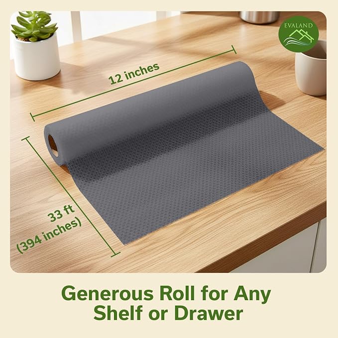 EVALAND Shelf Liners for Kitchen Cabinets Non-Adhesive 12" x 33 FT Grey Drawer Liner Non Slip, Washable Cabinet Liner, Waterproof Shelf Liners for Cabinets, Refrigerator Bathroom Pantry - Thickened