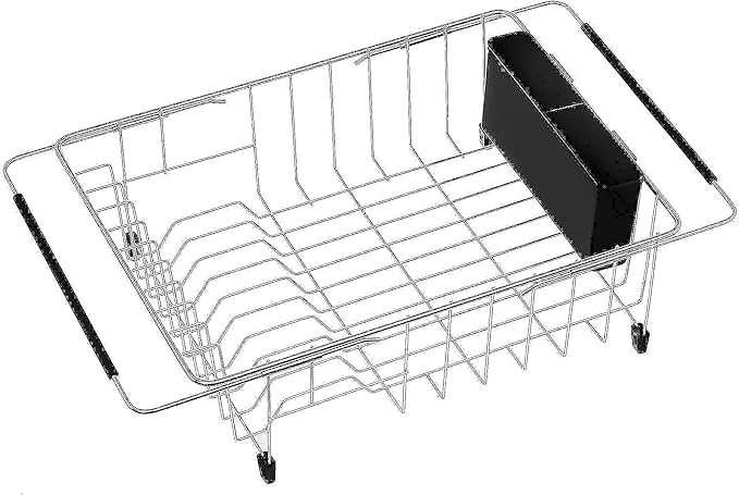 iPEGTOP Expandable Dish Drying Rack, Over The Sink Dish Rack, in Sink Or On Counter Dish Drainer with Black Utensil Holder Cutlery Tray, Rustproof Stainless Steel for Kitchen