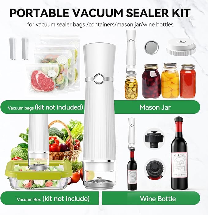 Vacuum Sealer for Food (Compact Vacuum Sealer Machine + 30 Mason Jar Lids), Portable Food Sealer, Seal Meal Saver for 10X Preservation & Fresh