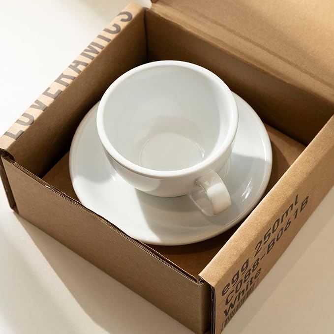 Loveramics Cappuccino Cup with Saucer, 8 oz Ceramic Coffee cup with Round Bottom for Cappuccino, Latte, Tea, Espresso, Thick-walled Stoneware Cup Set for Barista - Regular Colours (White, 8OZ)