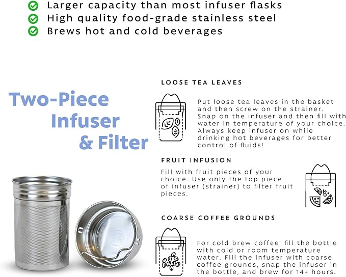 The London Sip 25 oz Multi-Function Travel Mug and Tumbler Tea Infuser Water Bottle Fruit Infused Flask Hot and Cold Double Wall Stainless Steel Coffee Thermos, Celestial Blue, Pack of 2