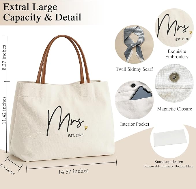 Bride Tote Bag, Embroidered Canvas Wedding Essential Tote, Bridal Shower Engagement Bachelorette Beach Bag