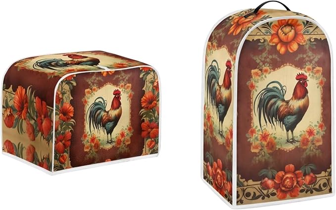Vintage Chicken Rooster Flower Pattern Appliance Covers Set Washable Kitchen Blender Dust Cover Bread Maker Toaster Cover 4 Slice Kitchen Accessories Size L