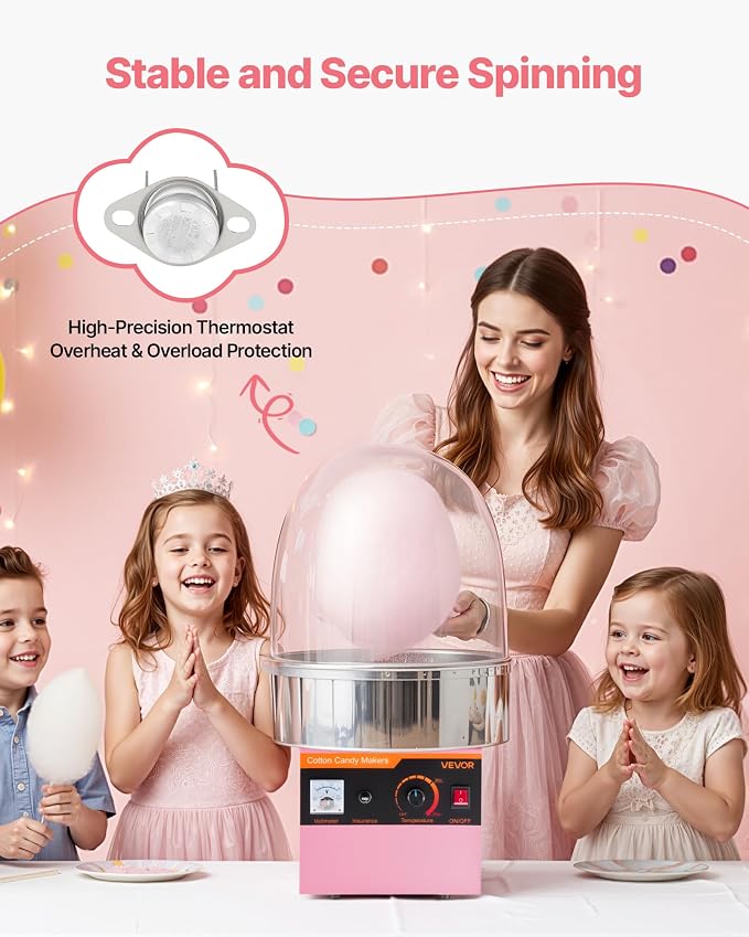 VEVOR Electric Cotton Candy Machine, 1000W Commercial Floss Maker With Cover, Commercial Cotton Candy Machine w/Stainless Steel Bowl & Sugar Scoop, Ideal for Carnival, Birthday, Family Party, Pink