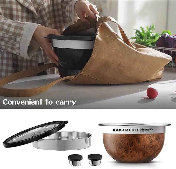 Salad Bowl Kit 74oz,Salad Container For Lunch,18/8 Stainless Steel,Salad Bowl With Lid, Includes 1.7oz Condiment Container and Removable Tray,Leak-Proof, Easy to Clean (Wood)