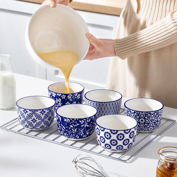 vancasso Selene 8 oz Ceramic Ramekins Set of 6, Large Capacity Oven-Safe Baking Cups for Soufflés, Snack Serving, Desserts, Blue and White Serving Bowls