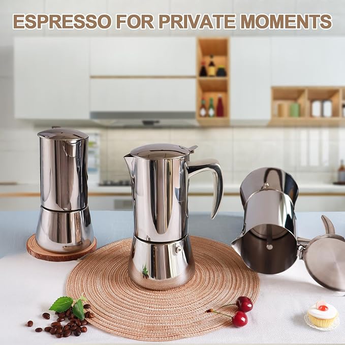 304 Thickened Stainless Steel Uncoated 2 Cup Moka Pot Coffee Maker Stovetop Espresso Coffeemaker Italian Classic Brewing Greca Cafe Mocha Machine for Cafeteras Camping Travel Home 100ml 3.3oz