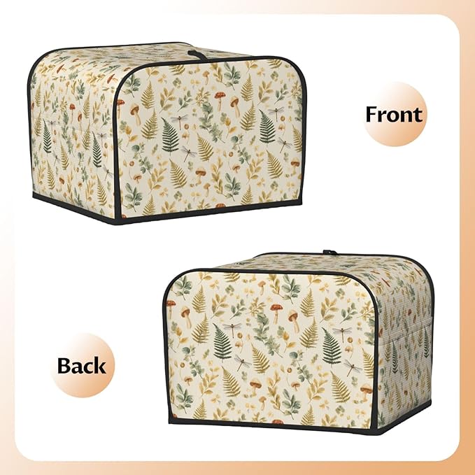 4 Slice Toaster Cover for Kitchen Mushroom Botanical Leaf Vintage aterproof and Dustproof Toaster Dust Cover with Side Pockets Decorative Universal Cover for Wide Slot Toasters and Small Appliances