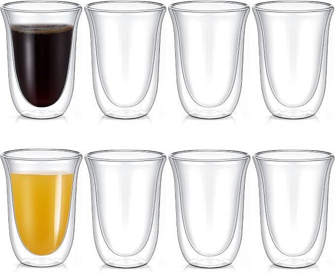 8 Pack 10 oz Double Walled Coffee Mugs Glass Espresso Cups without Handle Clear Thermo Insulated Demitasse Cups for Cappuccino Tea Latte Beverages
