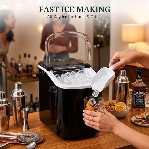 Ice Maker Countertop, Portable Ice Machine with Handle, Basket & Scoop, 26Lbs/24Hrs, 9 Bullet Ice Cubes Ready in 6–8 Mins, 2 Ice Sizes, Self-Cleaning, Quiet Compact for Home Kitchen Office RV Camping