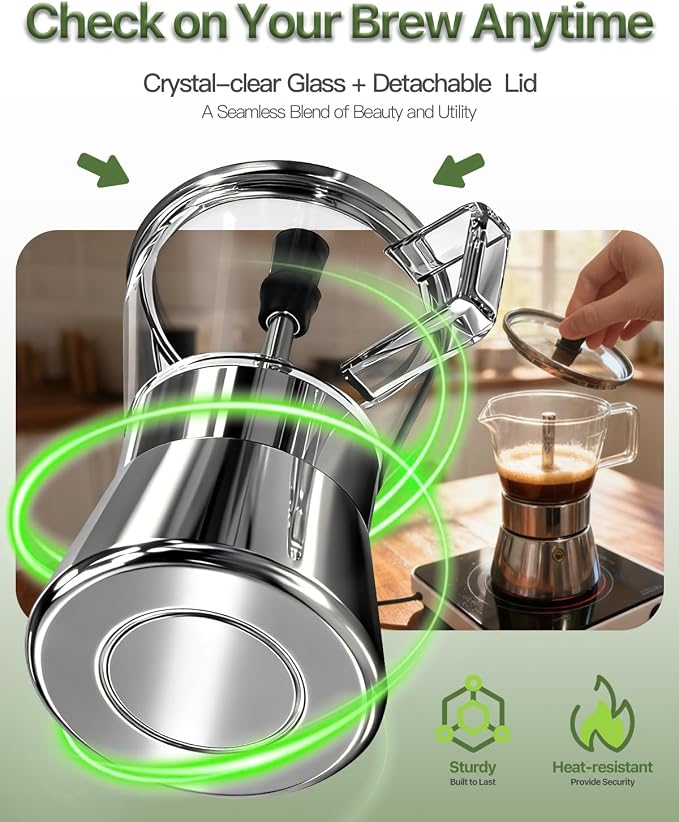 Grasseed Crystal Glass-Top Moka Pot, Polished Stainless Steel Stovetop Espresso Maker for Italian Coffee, Gift for Coffee Lovers - 6 Cup/240ml/8.4oz