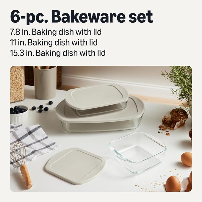 Amazon Basics Glass Baking Dishes with BPA-Free Lids, 6-Piece Bakeware Set, Borosilicate Glass, Oven-Safe up to 752°F, Non-Slip and Stackable, Dishwasher-Safe, Linen Gray