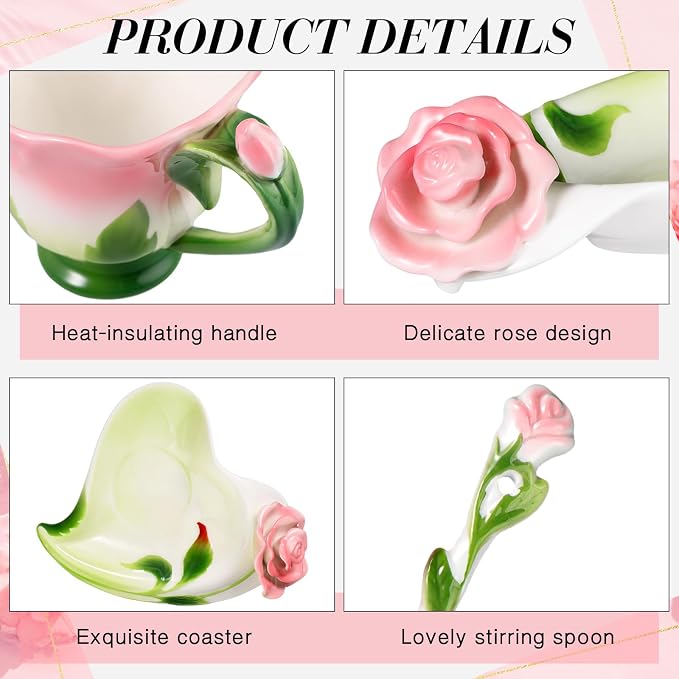 Dandat Ceramic Rose Tea Cups and Saucers with Spoon Rose Flower Shaped Cup and Sauce Set Cute 6oz Tea Cups Flower Mug Mother's Day Grauation Birthday Appreciation Teacher Gifts for Home Office Kitchen