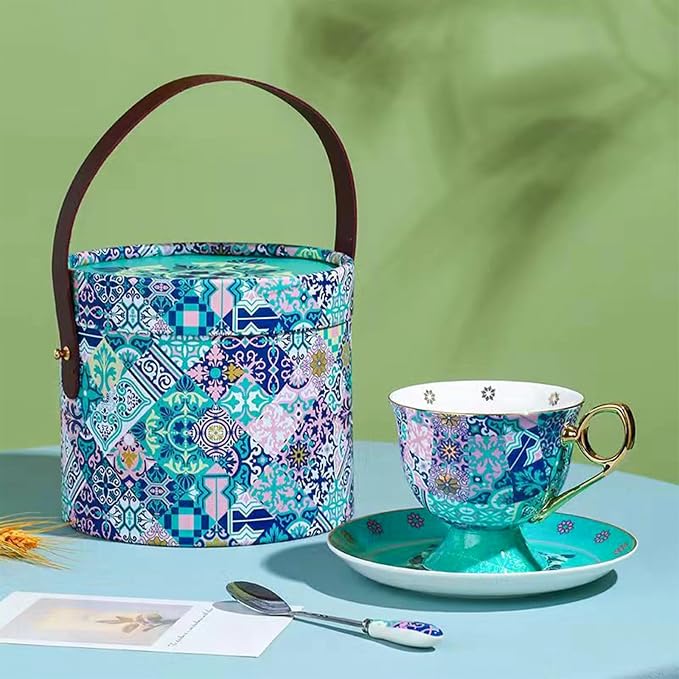 Tea Cup and Saucer Set, Tea Set,Coffee Mug(8oz), Ivory Porcelain Coffee Cup Vintage Floral Ceramic Tea Cup Set with Saucer and Spoon,Gold Trim and Gift Box for Woman/Men(A)