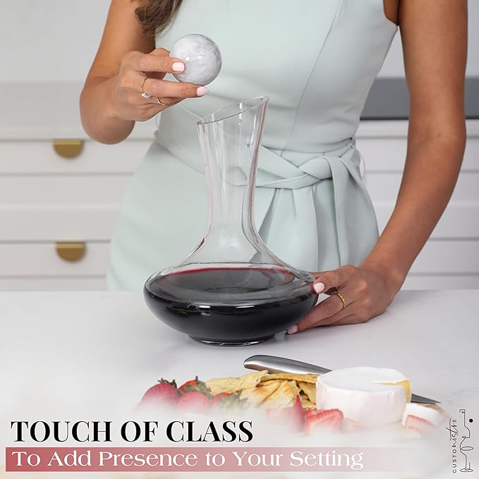 Gusto Nostro Crystal Wine Decanter with Marble Stopper - Premium Hand-Blown Lead-Free Glass Wine Decanter for Red Wines - 750ml Carafe for Wines with Natural Stone Round Stopper - Sleek Slanted Design
