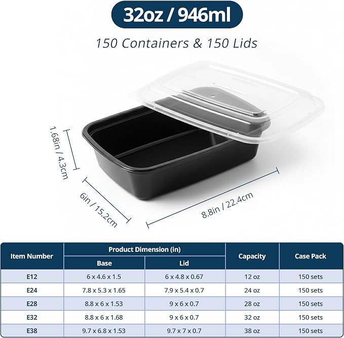 TIYA Food Containers - 32 oz Bulk 150 Pack with Lids - Rectangular Plastic To-Go Containers - Reusable, Microwavable, Dishwasher Safe - Leak-Proof for Meal Prep - BPA-Free
