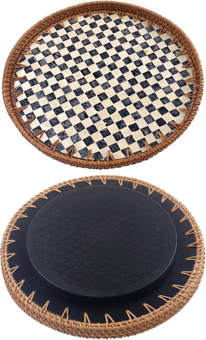 Mother of Pearl Lazy Susan, 13.8" Table Centerpiece Round Shell Decorative Lazy Susan Turntable Rotating Tray Organizer for Cabinet Counter Gift Kitchen Office Cafe Home Decor (Checkerboard)