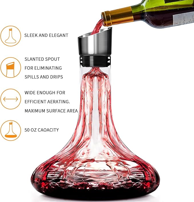 Wine Decanter Built-in Aerator Pourer, 1500ml /50oz Wine Carafe with Aerator,Cleaning Beads and Cork Ball,100% Lead-free Crystal Glass Red Wine Aerator, Wine Gift for Men, Wine Accessories