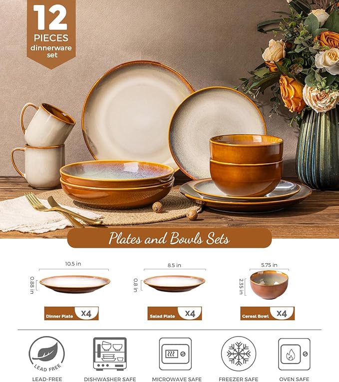 LERATIO Ceramic Dinnerware Sets for 4, Coupe Plates and Bowls Sets,Highly Chip and Crack Resistant | Dishwasher & Microwave & Oven Safe Dishes set,Reactive Glaze Dinnerware- Service for 4（12pcs）