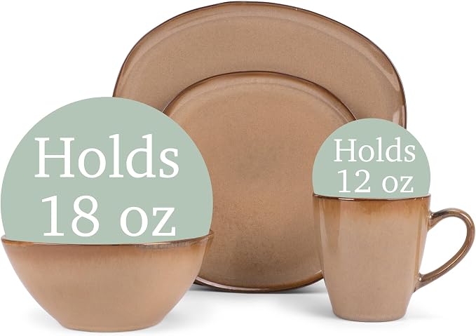 Elanze Designs 16-Piece Modern Luxury Chic Smooth Vintage Handmade Shape High Gloss Ceramic Stoneware Square Plate Mug & Bowl Kitchen Dinnerware 16 Piece Set - Service for 4, Brown