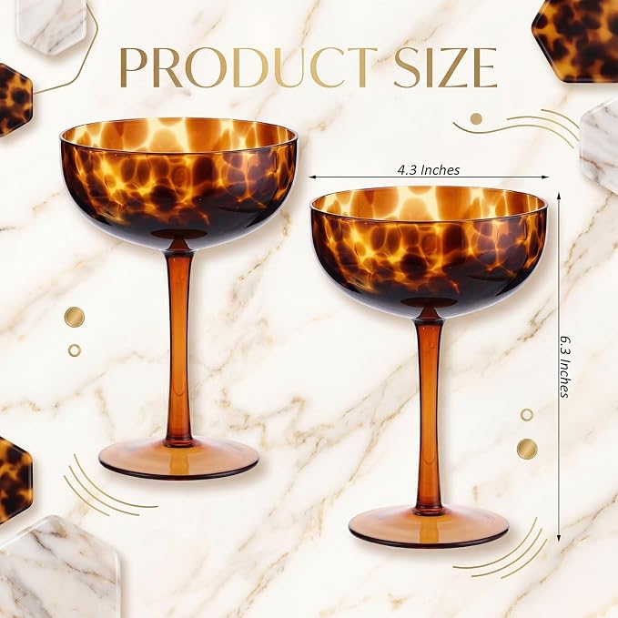 Honeydak Set of 4 Tortoise Leopard Print Brown 7oz Rocks Glasses Stylish Stemless Cocktail Cups Glass Glassware Tumbler Ideal for Gin, Tequila, Vodka, Soft Drinks (Goblet)