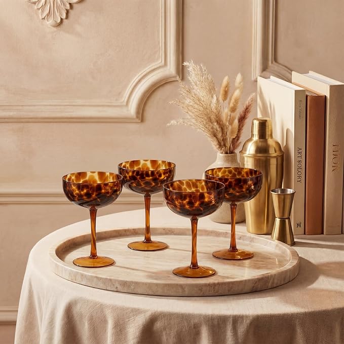 Honeydak Set of 4 Tortoise Leopard Print Brown 7oz Rocks Glasses Stylish Stemless Cocktail Cups Glass Glassware Tumbler Ideal for Gin, Tequila, Vodka, Soft Drinks (Goblet)