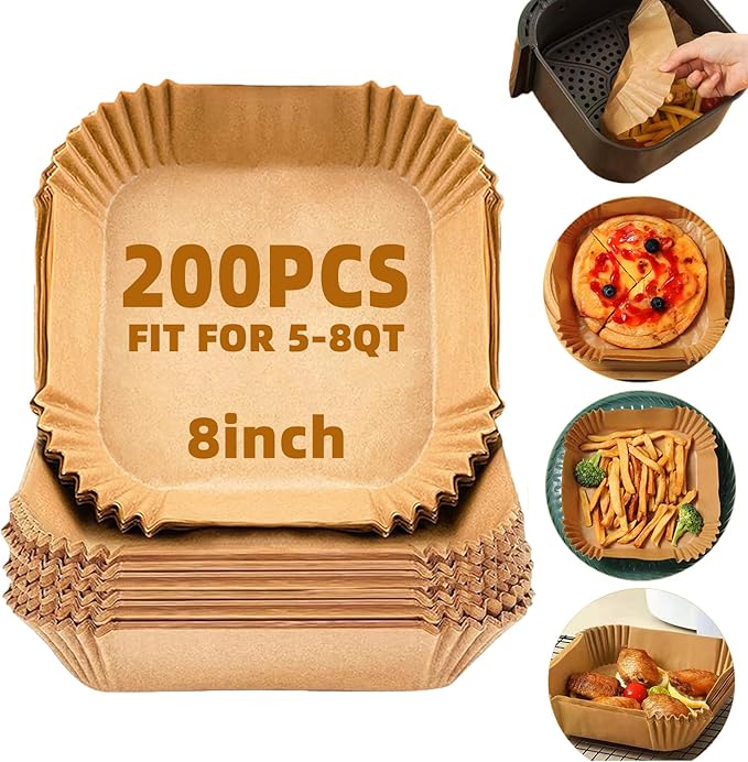 LYHOLKEER 200Pcs 8in Square & Round Parchment Paper for 5-8QT Air Fryer, Non-Stick, Bleach-Free, Heat-Resistant Up to 428F