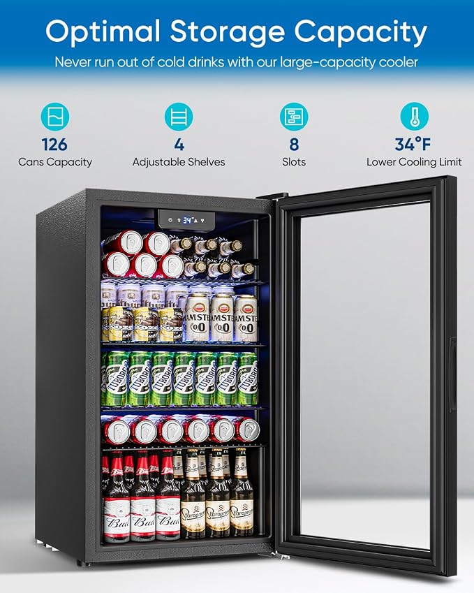 Feelfunn Beverage Refrigerator and Cooler - 126 Can Mini Fridge Glass Door for Soda Beer Wine - Freestanding Beverage Fridge for Bedroom Office Bar, 4 Adjustable Shelves, 3.2 Cu.Ft, Black