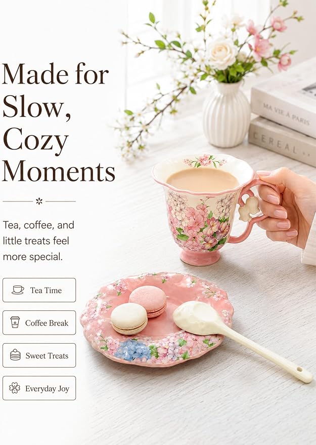 Tea Cup and Saucer Set with Spoon, Porcelain Flower Tea Cup with Saucer, Cute Vintage French Style Coffee Cup Gift Set with Box for Women and Tea Parties