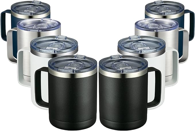 MEWAY 12oz Coffee Mug With Handle 8 Pack Bulk,Stainless Steel Insulated Travel Tumblers With Sliding Lid,Double Wall Vacuum Camping Cup for Hot & Cold Drinks Tea (Multicolor,Set of 8)