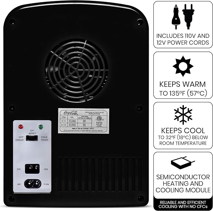 Coke Zero Mini Fridge - Refrigerator for Bedroom Office, Portable Table Top Beverage Cooler, 12V 110V Refrigerador For Drinks, Soda, Wine, Use In Car, Dorm, Outdoor, Patio, 6 Can